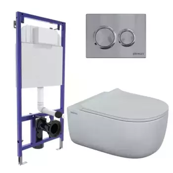 Комплект инсталляция с унитазом, крышкой и кнопкой смыва «Berges Wasserhaus» 043302 Novum525/EGO XL Rimless/Okus Slim SO/кнопка O3 безободковый белый