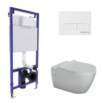 Комплект инсталляция с унитазом, крышкой и кнопкой смыва «Berges Wasserhaus» NOVUM 525 043266/MASCON/Toma Slim SO кнопка L1 безободковый белый