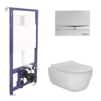 Комплект инсталляция с унитазом, крышкой и кнопкой смыва «Berges Wasserhaus» Novum/Ego Rimless/F3 безободковый белый с кнопкой хром