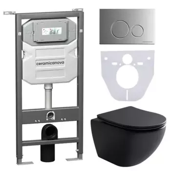 Комплект инсталляция с унитазом, крышкой и кнопкой смыва «Ceramica Nova» Metropol CN4002MB_1001M_1000 безободковый черный
