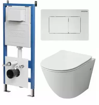 Комплект инсталляция с унитазом, крышкой и кнопкой смыва «Grossman» 97.4411S.04.01M безободковый белый