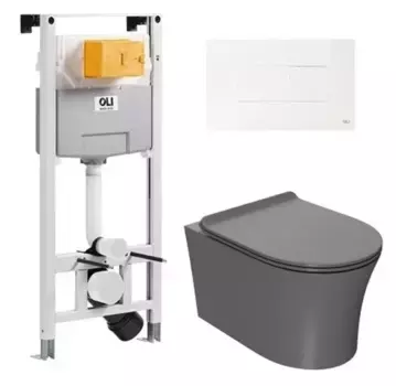 Комплект инсталляция с унитазом, крышкой и кнопкой смыва «Point» 879235pKA01+PN41711GM (OLI 120 Eco pneumatic/унитаз Вега/клавиша Karisma) безободковый серый матовый