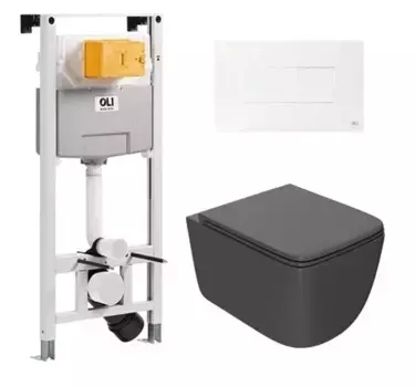 Комплект инсталляция с унитазом, крышкой и кнопкой смыва «Point» 879235pKA01+PN41831GM (OLI 120 Eco pneumatic/унитаз Меркурий/клавиша Karisma) безободковый темно-серый