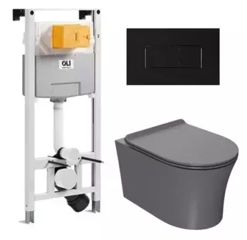 Комплект инсталляция с унитазом, крышкой и кнопкой смыва «Point» 879235pKA03+PN41711GM (OLI 120 Eco pneumatic/унитаз Вега/клавиша Karisma) безободковый серый матовый