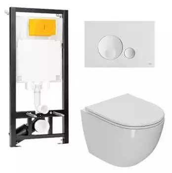 Комплект инсталляция с унитазом, крышкой и кнопкой смыва «Point» OLI 80 ECO/Афина/панель Globe 886914GBO1+PN41041 безободковый белый