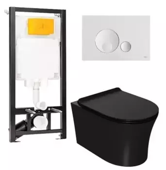 Комплект инсталляция с унитазом, крышкой и кнопкой смыва «Point» OLI 80 ECO/Вега/панель Globe 886914GBO1+PN41711BM безободковый черная