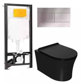 Комплект инсталляция с унитазом, крышкой и кнопкой смыва «Point» OLI 80 ECO/Вега/панель Slim 886914SIOO+PN41711BM безободковый черная