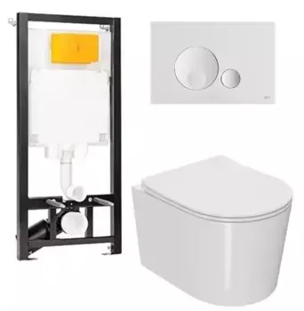 Комплект инсталляция с унитазом, крышкой и кнопкой смыва «Point» OLI 80 ECO/Веста/панель Globe 886914GBO1+PN41701 безободковый белый