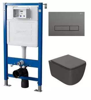 Комплект инсталляция с унитазом, крышкой и кнопкой смыва «Point» PN48024GM(PN45120/клавиша PN44831GM/унитаз PN41831GM) безободковый графит