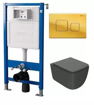 Комплект инсталляция с унитазом, крышкой и кнопкой смыва «Point» PN48028G (PN45120/клавиша PN44041G/унитаз PN41831GM) безободковый графит