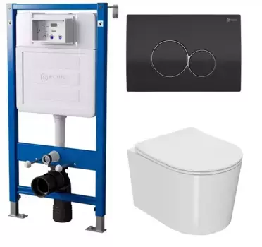 Комплект инсталляция с унитазом, крышкой и кнопкой смыва «Point» PN48098BC (инсталляция PN45120/клавиша Виктория черная/хром PN44061BC/унитаз Веста PN41701) безободковый белый