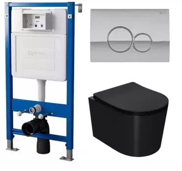 Комплект инсталляция с унитазом, крышкой и кнопкой смыва «Point» PN48112C (инсталляция PN45120/клавиша Виктория хром PN44061C/унитаз Веста PN41701BM) безободковый черный