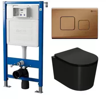Комплект инсталляция с унитазом, крышкой и кнопкой смыва «Point» PN48124BB (инсталляция PN45120/клавиша Афина бронза PN44041BB/унитаз Веста PN41701BM) безободковый черный