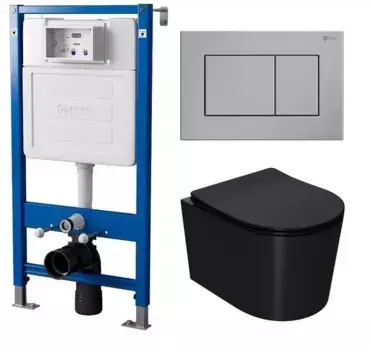 Комплект инсталляция с унитазом, крышкой и кнопкой смыва «Point» PN48125SB (инсталляция PN45120/клавиша Ника сталь PN44081SB/унитаз Веста PN41701BM) безободковый черный