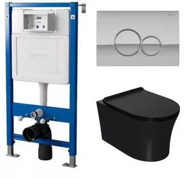 Комплект инсталляция с унитазом, крышкой и кнопкой смыва «Point» PN48142C (инсталляция PN45120/клавиша Виктория хром PN44061C/унитаз Вега PN41711BM) безободковый черный