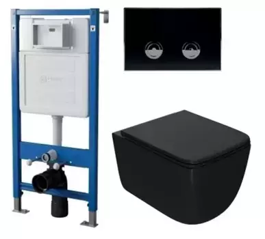 Комплект инсталляция с унитазом, крышкой и кнопкой смыва «Point» PN48176BC (инсталляция пневматическая PN45121/клавиша Венера/унитаз Меркурий) безободковый черный матовый