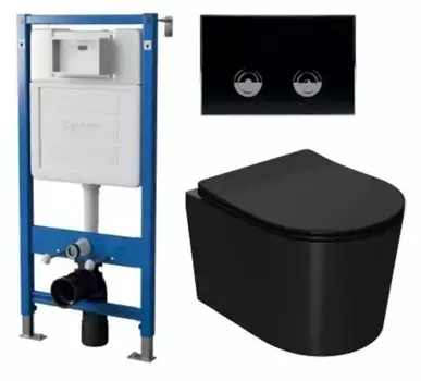 Комплект инсталляция с унитазом, крышкой и кнопкой смыва «Point» PN48186BC (инсталляция пневматическая PN45121/клавиша Венера/унитаз Веста PN41701BM) безободковый черный