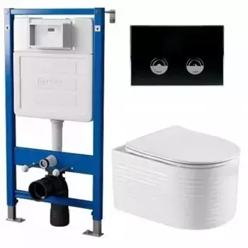 Комплект инсталляция с унитазом, крышкой и кнопкой смыва «Point» PN48318BC (пневматическая инсталляция PN45121/клавиша Виктория/унитаз Омега) безободковый белый