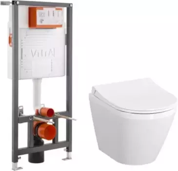 Комплект инсталляция с унитазом, крышкой и кнопкой смыва «Vitra» Integra Round 9856B003-7205 безободковый белый с кнопкой Sirius глянцевый хром