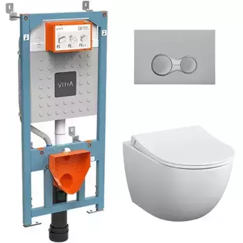 Комплект инсталляция с унитазом, крышкой и кнопкой смыва «Vitra» Sento Rim-Ex 9830B003-7207 безободковый белый