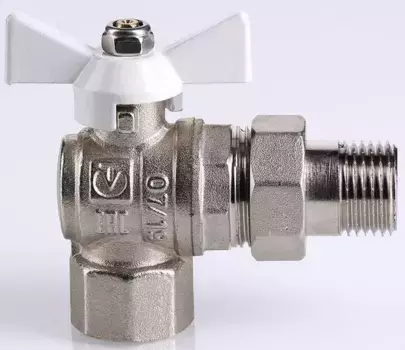 Кран шаровой магистральный «Valtec» Base VT.228.NW.05 3/4"-3/4" ВР угол-НР (американка) никель