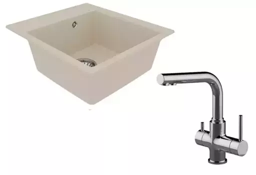 Мойка для кухни «Lemark» Hanka 450 и смеситель 9910008-LM3061C искусственный камень бежевый/хром