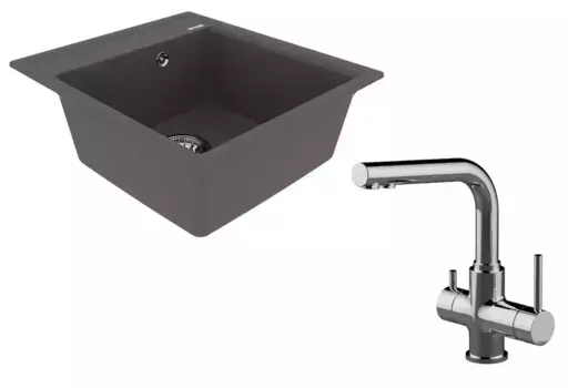 Мойка для кухни «Lemark» Hanka 450 и смеситель 9910011-LM3061C искусственный камень серый шелк/хром