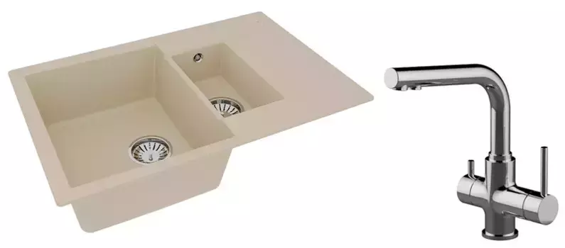 Мойка для кухни «Lemark» Ramza 760 и смеситель 9910038-LM3061C искусственный камень бежевый/хром
