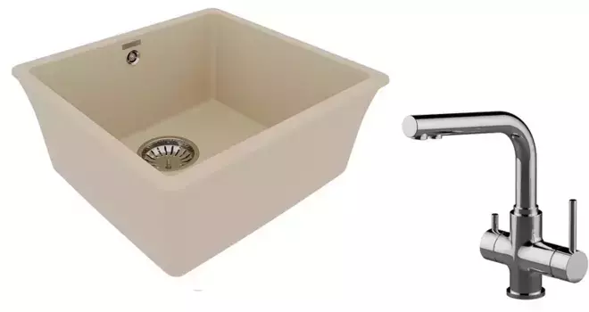 Мойка для кухни «Lemark» Sinara 440-U и смеситель 9910068-LM3061C искусственный камень бежевый/хром