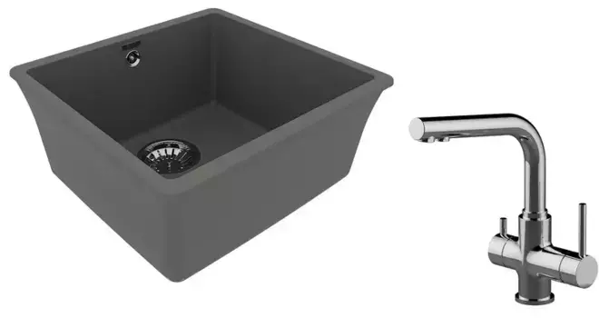 Мойка для кухни «Lemark» Sinara 440-U и смеситель 9910071-LM3061C искусственный камень серый шелк/хром
