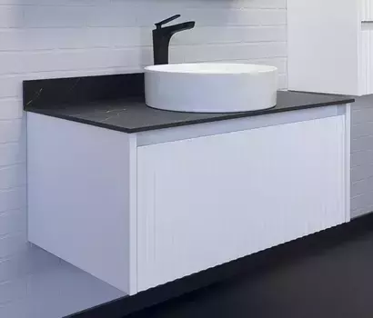 Тумба с раковиной «Comforty» Марсель 90 (9110) подвесная белый матовый столешница под мрамор Калакатта Блэк