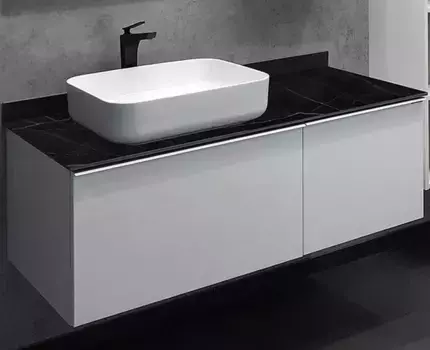 Тумба с раковиной «Comforty» Милан 120 (Comforty T-Y9378) подвесная белый глянец левая столешница под мрамор Калакатта Блэк
