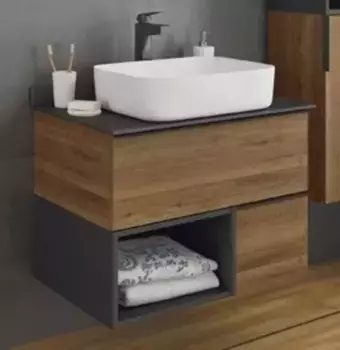 Тумба с раковиной «Comforty» Штутгарт 75 (50/39 T-Y9378 накладная) подвесная дуб тёмно-коричневый/чёрная столешница чёрная