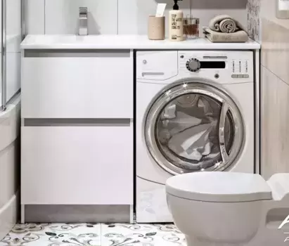 Тумба с раковиной под стиральную машину «Alavann» Soft Silver 120 (Даллас 120 левая) белая/металлик