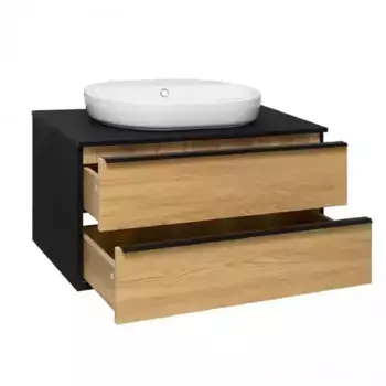 Тумба с раковиной «Runo» Мальта 70 (Caspia 60 Oval) подвесная дуб/чёрная