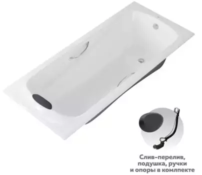 Ванна чугунная «Owl 1975» Strand 180/80 с подголовником с ножками с сифоном с ручками белая