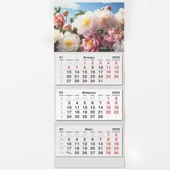 Календарь квартальный 2025г 305*680 "Пионы" настенный, трёхблочный, спираль