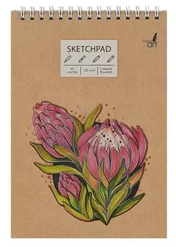 Скетчбук А5 40л "Flower", 120г/м2, обложка крафт картон, выборочный лак, евроспираль