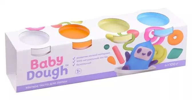 Тесто для лепки "BabyDough". Набор 4 цвета (белый, оранжевый, нежно-желтый, нежно-голубой)