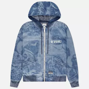 Мужская джинсовая куртка Evisu Heritage Fisherman Godhead Laser Print Hooded Denim, цвет синий, размер M