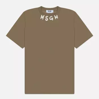 Мужская футболка MSGM Collar Brush Stroke Logo, цвет оливковый, размер S