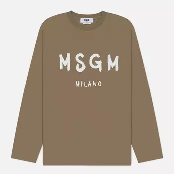 Мужской лонгслив MSGM Brush Sroke Logo Print, цвет оливковый, размер M