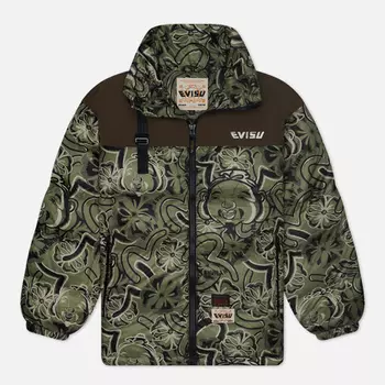 Мужской пуховик Evisu Daicock Print Patchwork Godhead & Kamon Print Down, цвет зелёный, размер XL