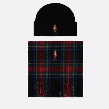 Подарочный набор Polo Ralph Lauren Tartan Bear Beanie & Scarf Gift Box, цвет чёрный
