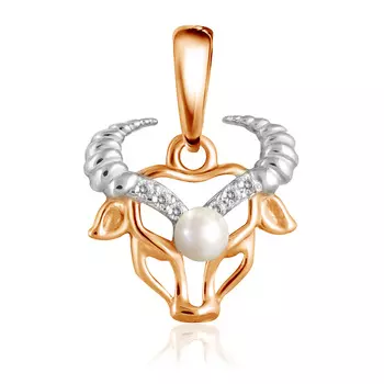 Подвеска знак зодиака Телец из красного золота с жемчугом и фианитами 01Д3110605Р-1