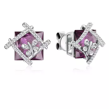 Серьги-пусеты из белого золота с бриллиантами и аметистами 95С621328