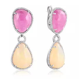 Серьги с английским замком из белого золота с корундом, опалом юоE24597