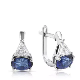 Серьги с английским замком из белого золота с сапфиром, бриллиантами мзE003293