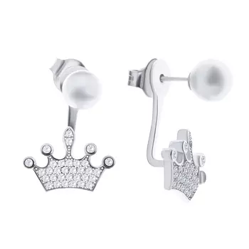 Серебряные серьги-джекеты с жемчугом и фианитами Корона BNCAE821-E