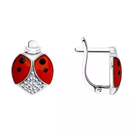 Серебряные серьги с эмалью, фианитами Божья коровка 94023594